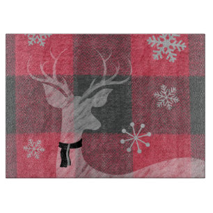 Farmhouse Red & Grey Buffalo Plaid Deer Snowflake Cutting Board