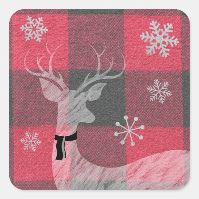 Farmhouse Red & Grey Buffalo Plaid Deer Snowflake Square Sticker (Front)