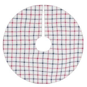 Farmhouse red off white blue plaid hand drawn cute brushed polyester tree skirt