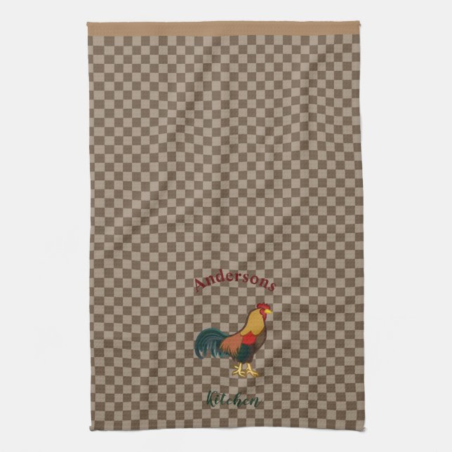 Farmhouse Rooster Gingham Chicken Kitchen Towel (Vertical)