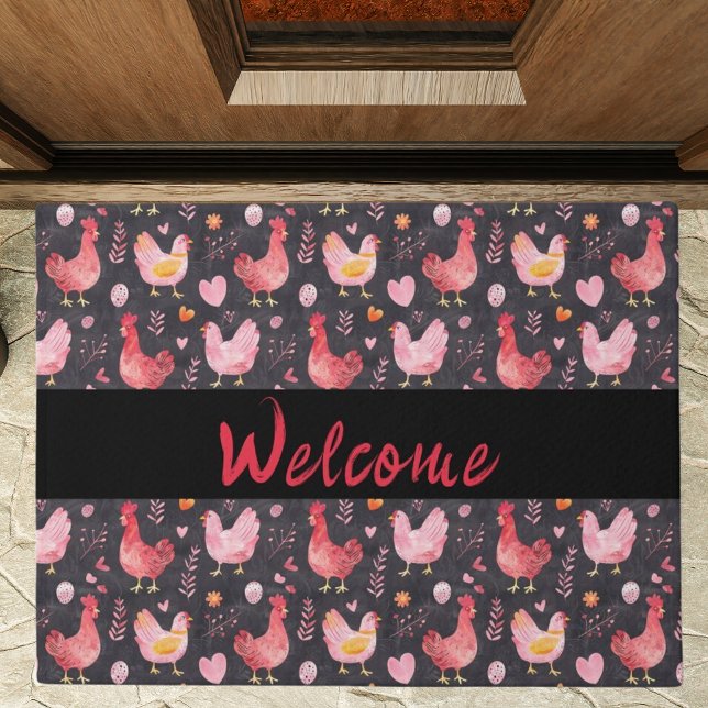 Farmhouse rooster hens black red welcome doormat (Creator Uploaded)