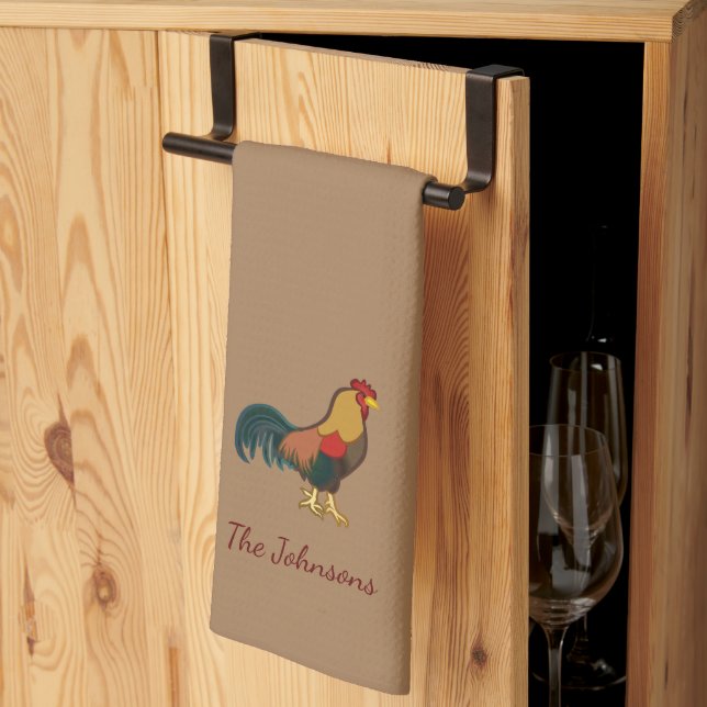 Farmhouse Rooster Personalised Brown Kitchen Towel (Thirds Fold)