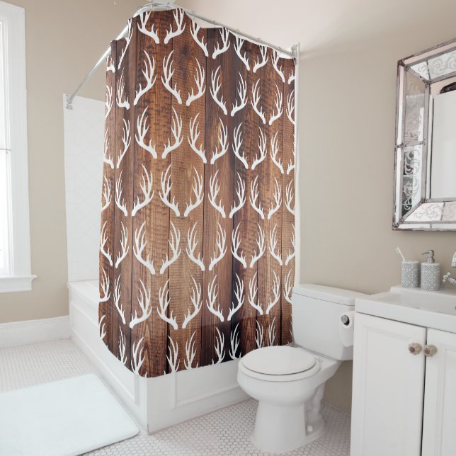 Farmhouse Rustic Barn Wood White Deer Antlers Shower Curtain (In Situ)
