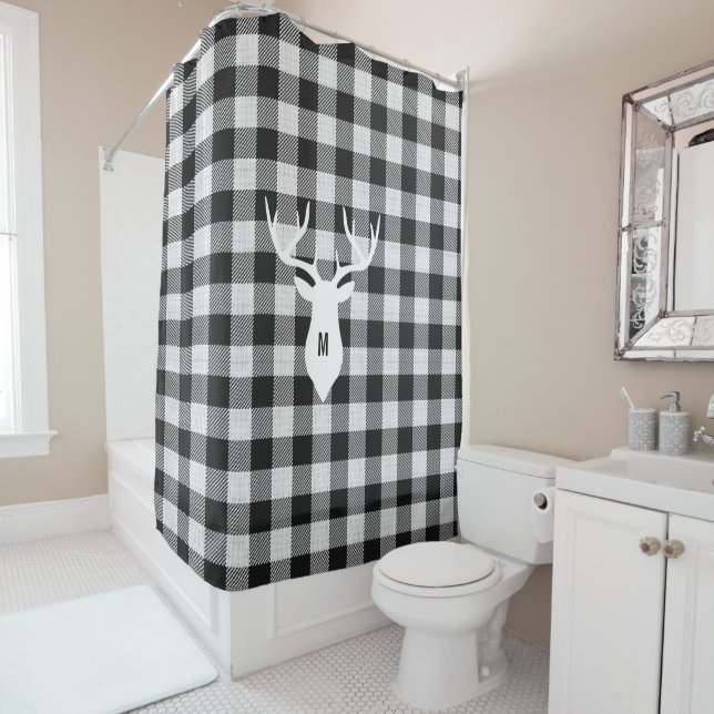 Farmhouse Rustic Black White Buffalo Deer Monogram Shower Curtain (In Situ)