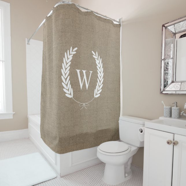 Farmhouse Rustic Faux Burlap Laurels Monogram Shower Curtain (In Situ)