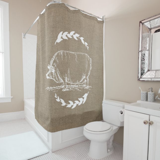 Farmhouse Rustic Faux Burlap White Laurels Pig Sow Shower Curtain (In Situ)