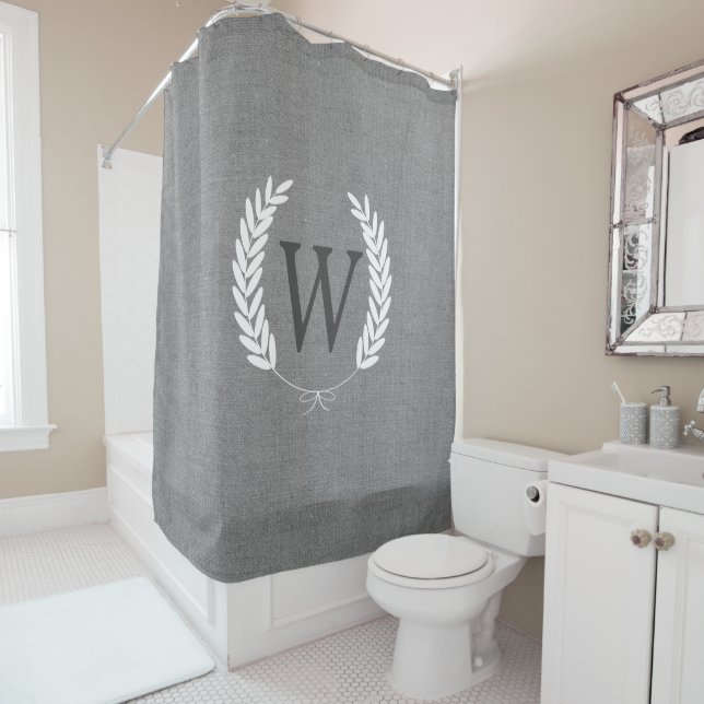 Farmhouse Rustic Faux Grey Burlap Laurels Monogram Shower Curtain (In Situ)