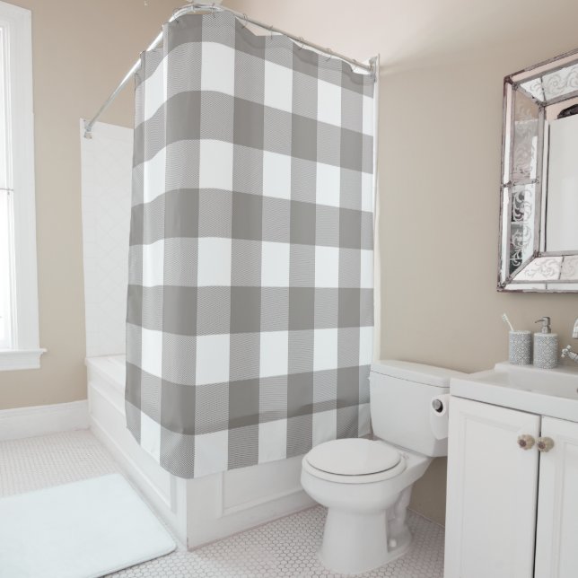 Farmhouse Rustic Grey & White Buffalo Plaid Square Shower Curtain (In Situ)