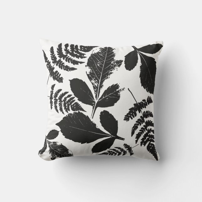Farmhouse Rustic Leaves Pattern Black White Cushion (Front)