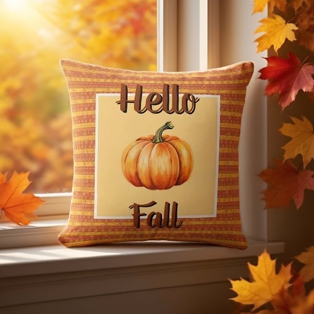 Farmhouse Rustic Orange Pumpkin Hello Fall Decor Cushion (Hello Fall pillow adds rustic autumn warmth to your cozy home.)