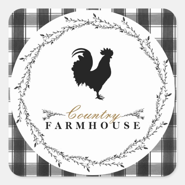 Farmhouse Rustic Plaid Black White Buffalo Check Square Sticker (Front)