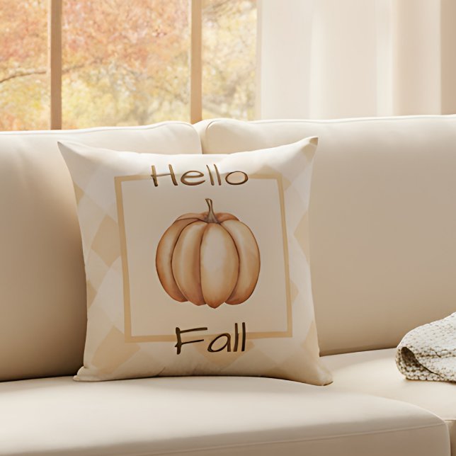 Farmhouse Rustic Pumpkin Fall Home Decor Accent Cushion (Autumn pumpkin pillow on a cozy living room sofa.)
