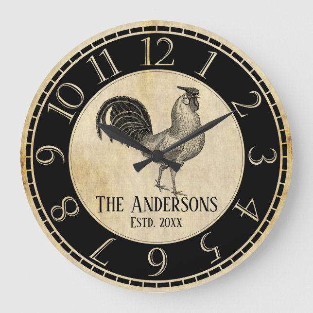 Farmhouse Rustic Rooster Vintage Family Business Large Clock (Front)