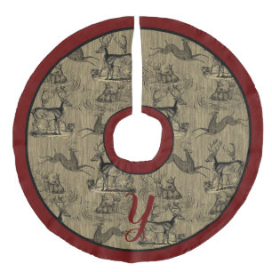 Farmhouse Rustic Woodsy Vintage Deer Monogram Faux Linen Tree Skirt