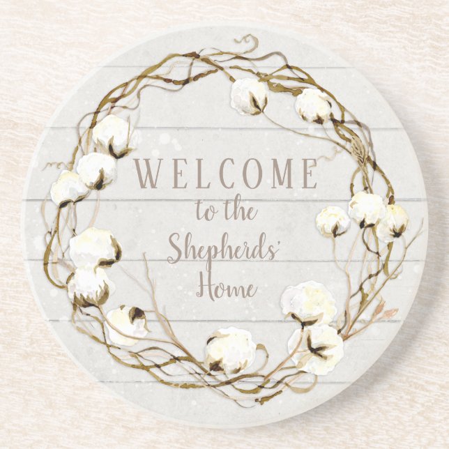 Farmhouse Shiplap Wood Twig Cotton Boll Wreath Coaster (Front)