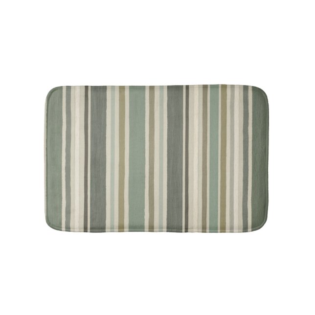 Farmhouse Soft Green Mustard Grey Brown Stripe Bath Mat (Front)