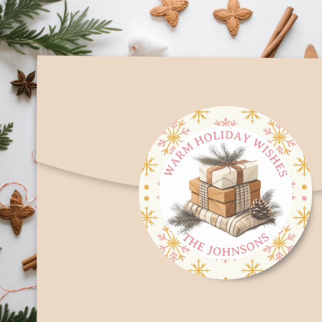 Farmhouse Stack of Christmas Gifts Personalised Classic Round Sticker (Creator Uploaded)