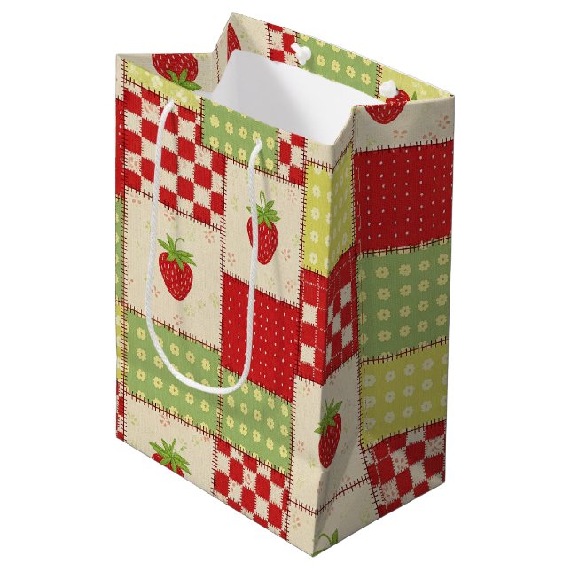 Farmhouse Strawberry Gingham Floral Pattern Medium Gift Bag (Front Angled)