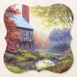 Farmhouse/stream/woods/painting paper coaster