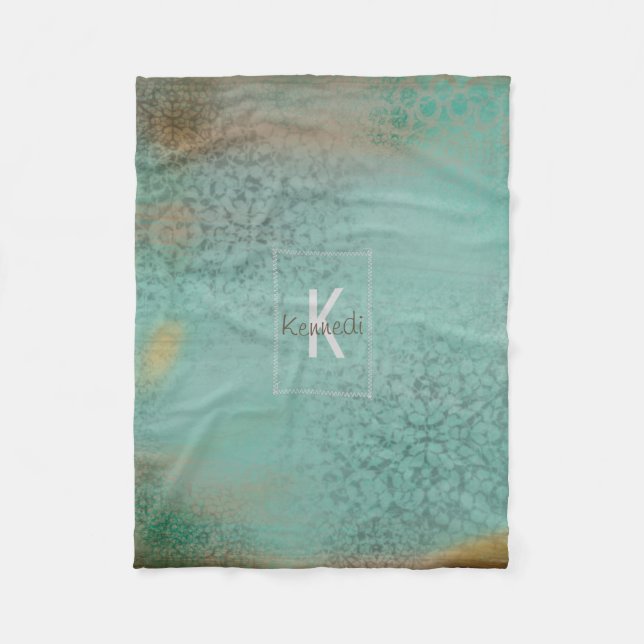 Farmhouse Style Antique Teal Monogram Fleece Blanket (Front)