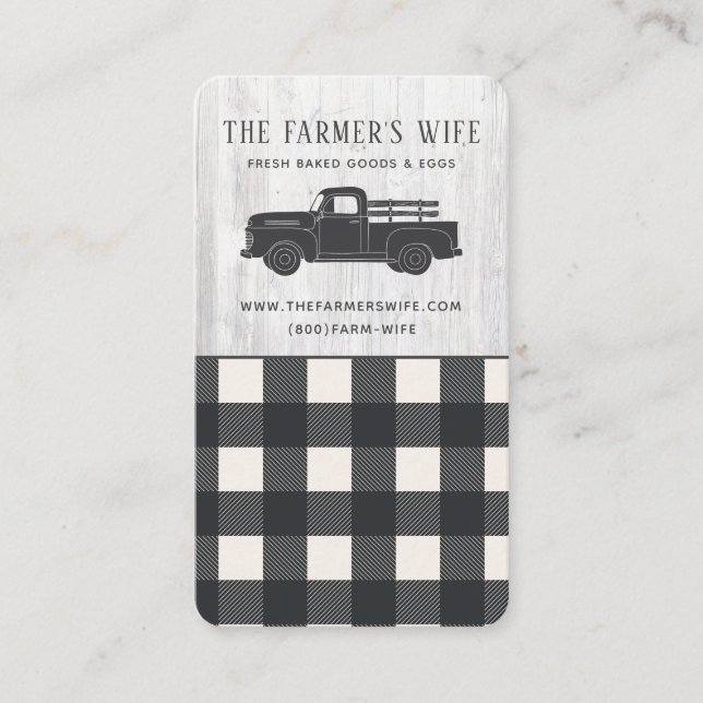 Farmhouse Style Black White Buffalo Plaid Wood  Business Card (Front)