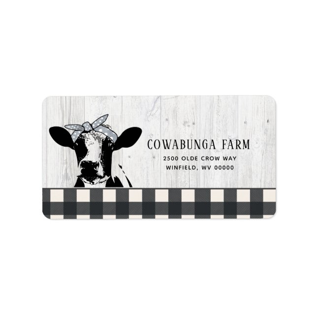 Farmhouse Style Black White Plaid Cow Wood Label (Front)