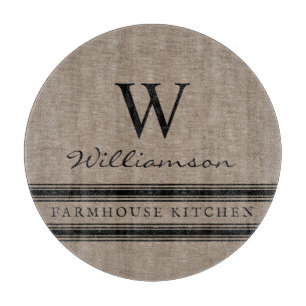 Farmhouse Style Burlap Monogrammed Family Name  Cutting Board