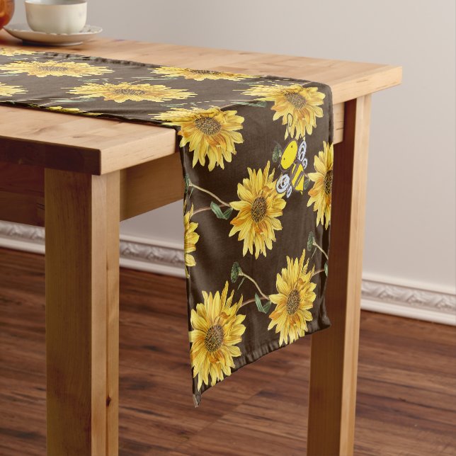 Farmhouse Style Sunflower and Bees on Brown  Short Table Runner (In Situ)