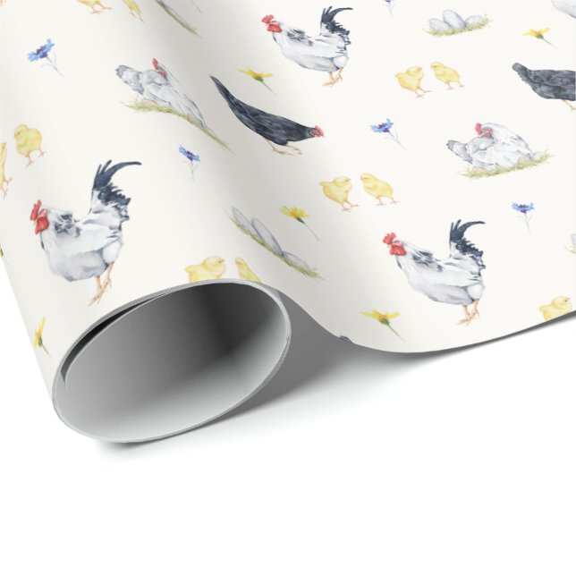 Farmhouse Style Watercolor Hens, Roosters & Chicks Wrapping Paper (Roll Corner)