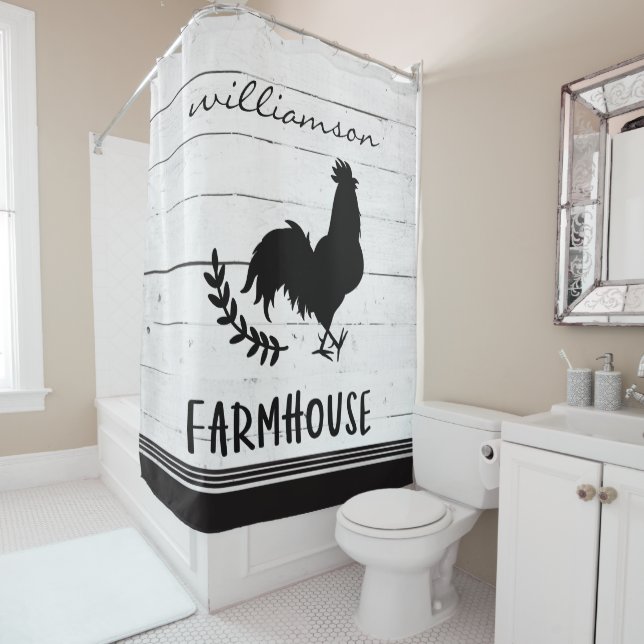Farmhouse Style Wood Rooster Family Name Shower Curtain (In Situ)