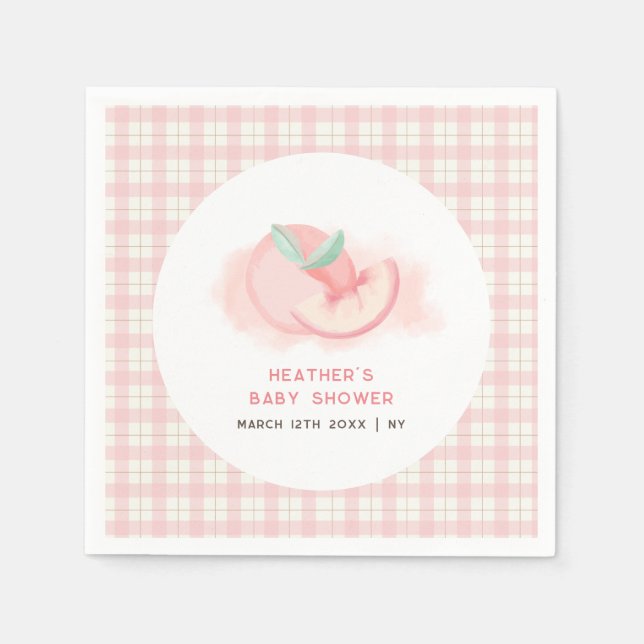 Farmhouse  Sweet Pink Gingham Peach Baby Shower  Napkin (Front)