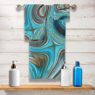 farmhouse  teal blue Woodgrain turquoise swirls Bath Towel Set