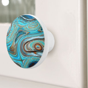 farmhouse  teal blue Woodgrain turquoise swirls Ceramic Knob