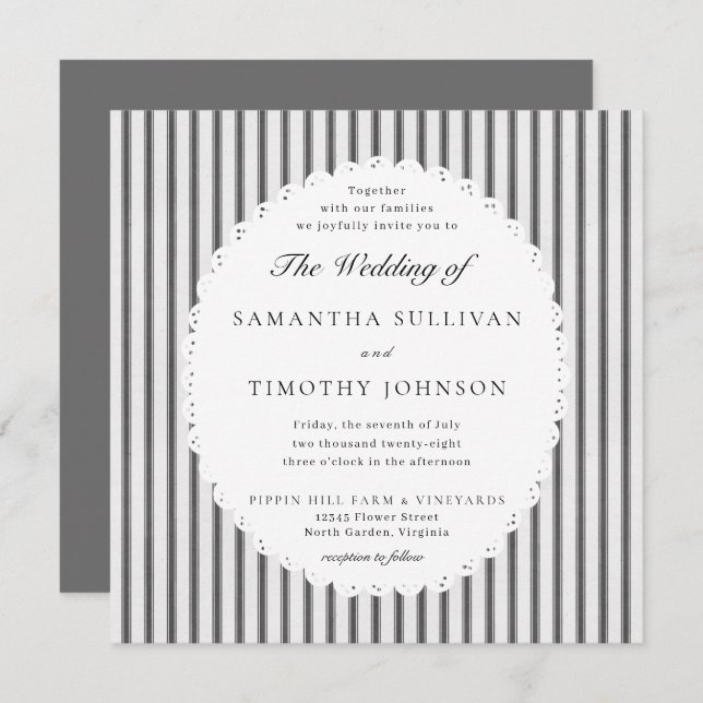 Farmhouse Ticking Stripe Scalloped Lace Wedding Invitation (Front/Back)