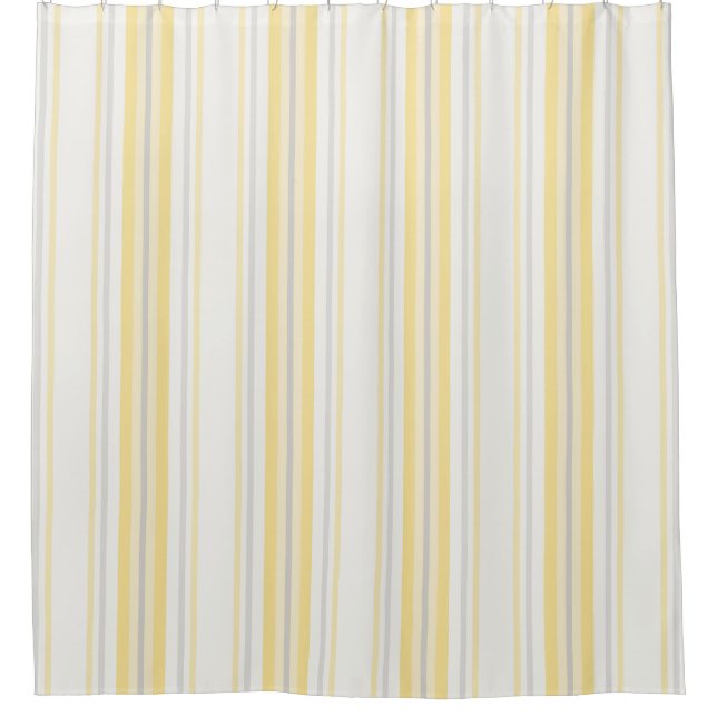 Farmhouse Ticking Stripes, Lemon Yellow, Grey Shower Curtain (Front)