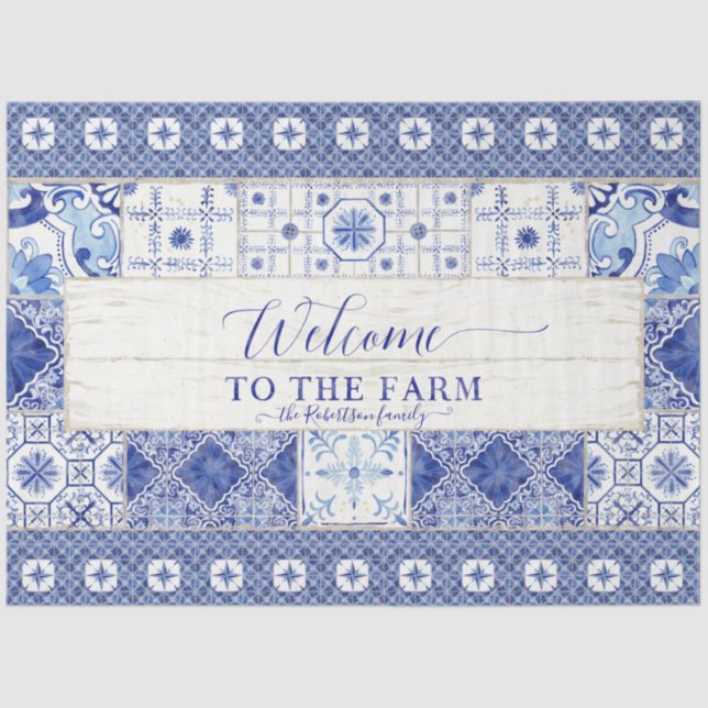 Farmhouse Tile Blue White Rustic Wood Decoupage Tissue Paper (Front)
