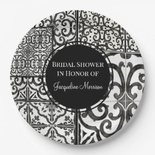 Farmhouse Tile Pattern Black White Bridal Shower Paper Plate
