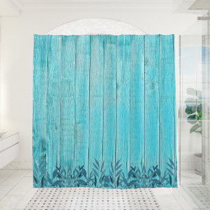Farmhouse Turquoise Distressed Wood Blue Foliage Shower Curtain