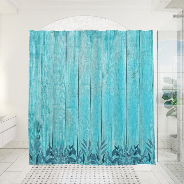 Farmhouse Turquoise Distressed Wood Blue Foliage Shower Curtain (Creator Uploaded)