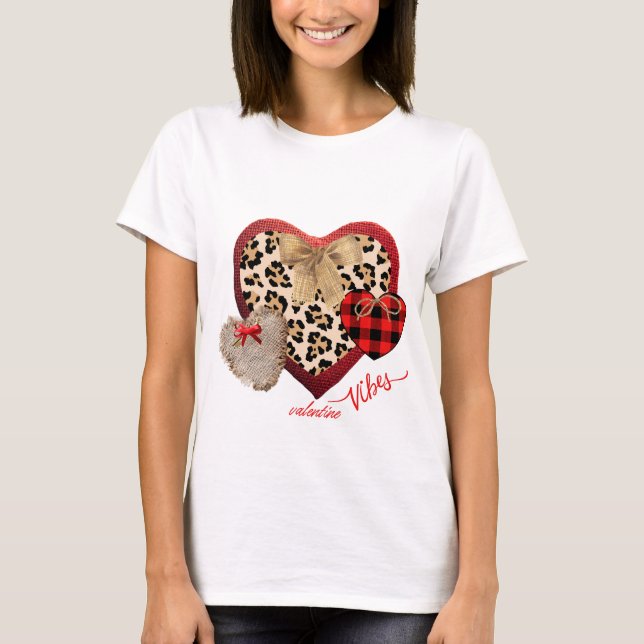 Farmhouse Valentine Hearts Plaid Cheetah Burlap  T-Shirt (Front)