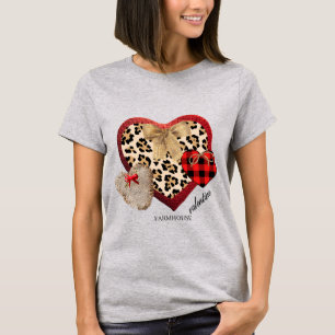 Farmhouse Valentine Hearts Plaid Cheetah Burlap  T-Shirt