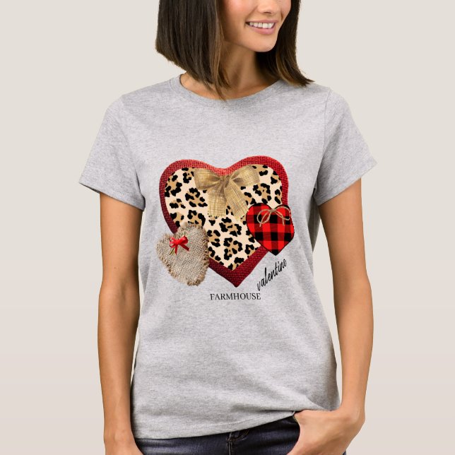 Farmhouse Valentine Hearts Plaid Cheetah Burlap  T-Shirt (Front)