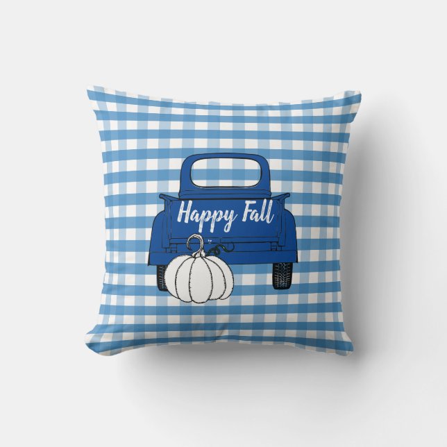 Farmhouse Vintage Pickup Truck Pumpkin Blue White Cushion (Front)