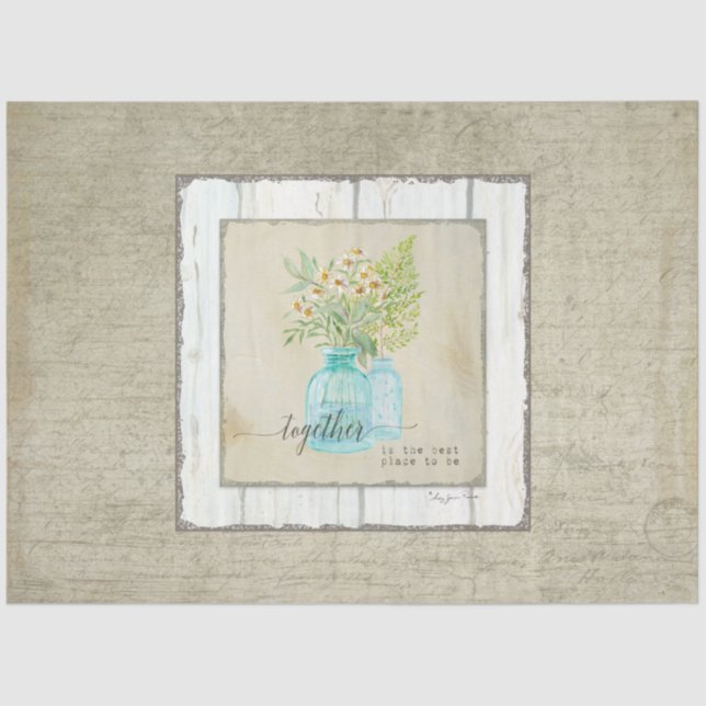 Farmhouse Watercolor Floral Rustic Wood Decoupage Tissue Paper (Front)