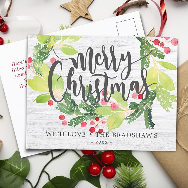 Farmhouse Watercolor Winter Berry Wreath Holiday Postcard (Farmhouse Watercolor Winter Berry Wreath Holiday Postcard)