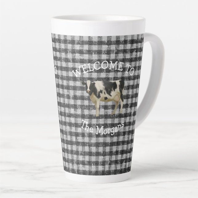 Farmhouse Welcome  Black and White Cow Check Name Latte Mug (Right Angle)