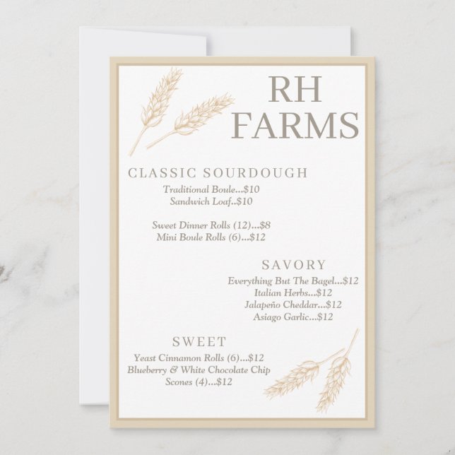 Farmhouse Wheat Stalks Bakery Prices Personalised Invitation (Front)