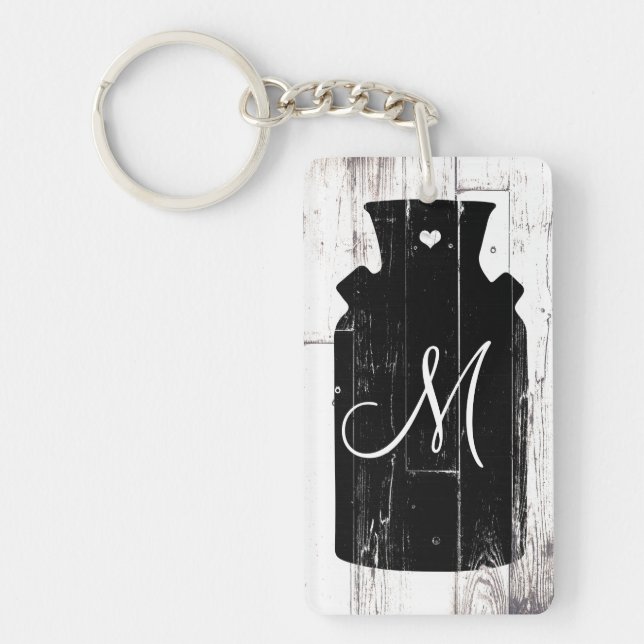 Farmhouse White Wood Rustic Milk Jug Monogram Key Ring (Front)