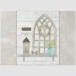 Farmhouse Window Flower Bouquet Wood Decoupage Tissue Paper