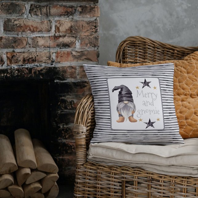 Farmhouse Winter Gnome on Buffalo for Christmas Cushion (Elevate your holiday decor with the Farmhouse Winter Watercolor Gnome Christmas Throw Pillow. )